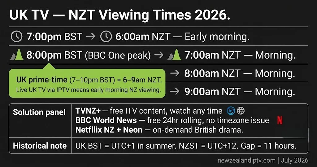 UK TV NZT times 2026 BST prime time 7pm-10pm vs 6am-9am NZT, British New Zealanders guide
