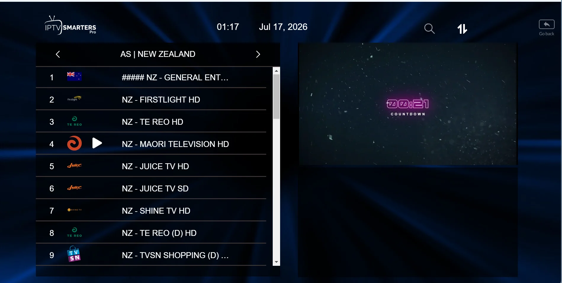 IPTV Smarters Pro is showing New Zealand TV channels from overseas, including Whakaata Māori (Māori Television), Te Reo, Juice TV, and Shine TV, with a neutral countdown screen on 17 July 2026.