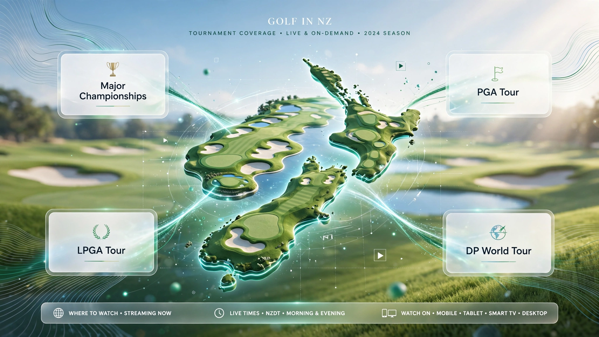 Official golf coverage in New Zealand is organised by tournament rights rather than individual events.