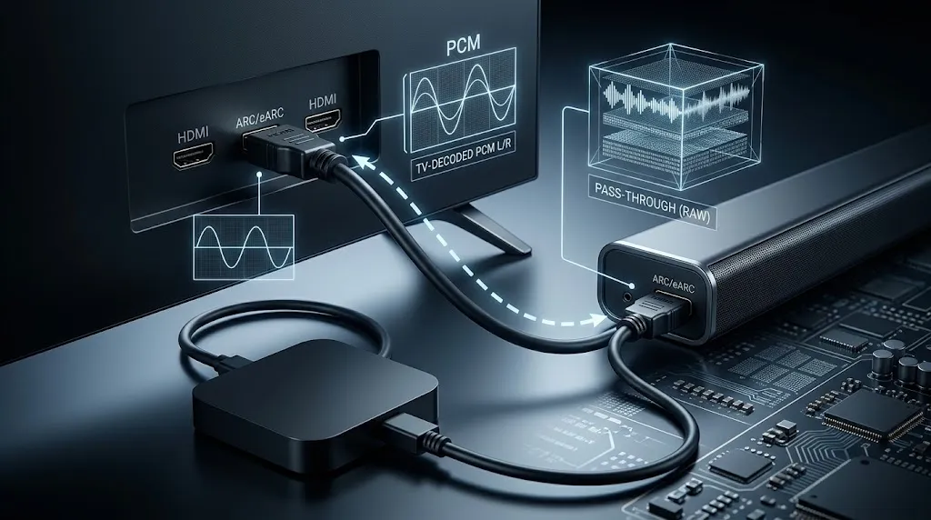 HDMI ARC audio chain connecting a streaming device, television and soundbar in a NZ IPTV setup