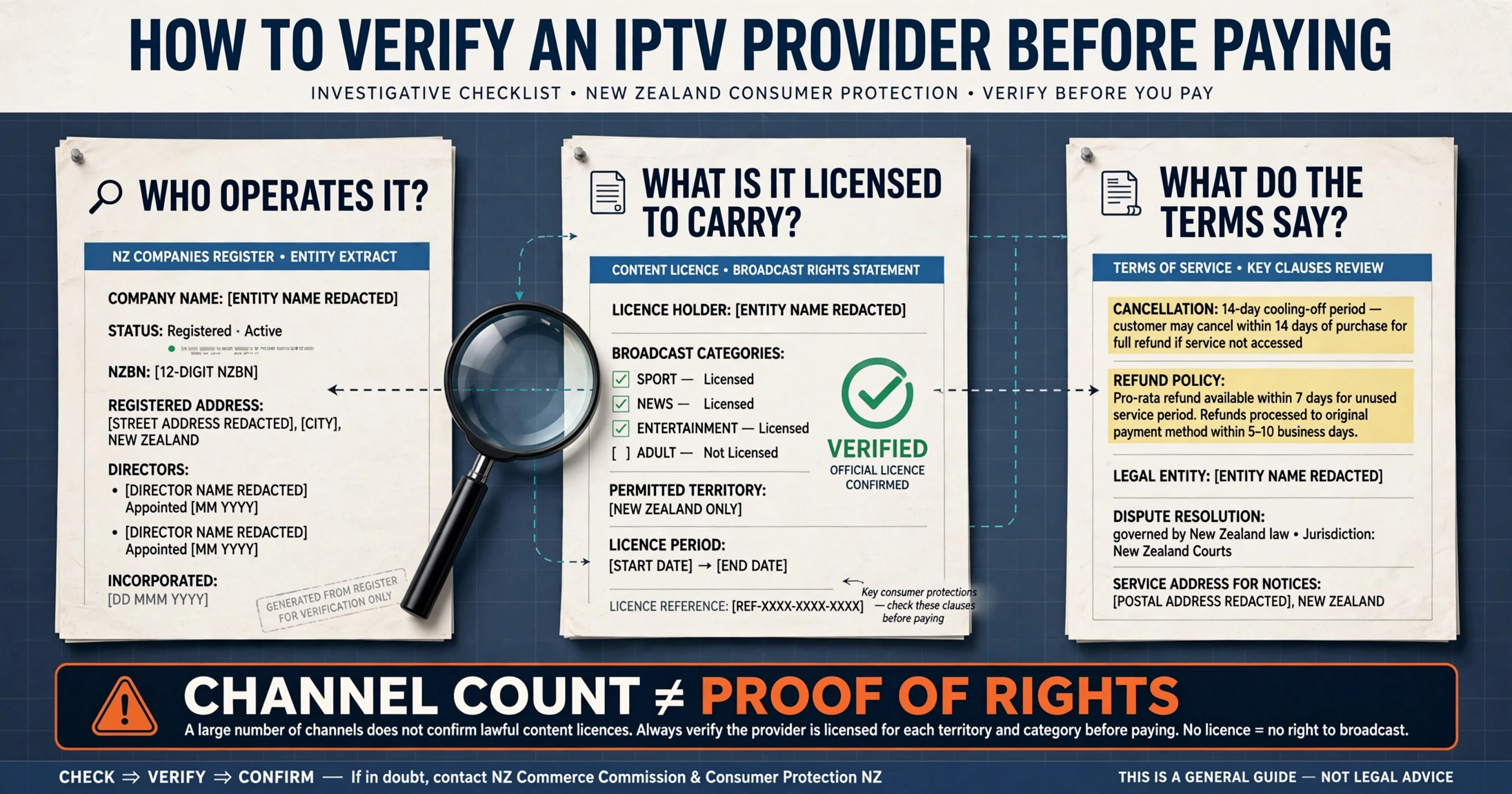 IPTV NZ provider verification checking business identity content rights and terms