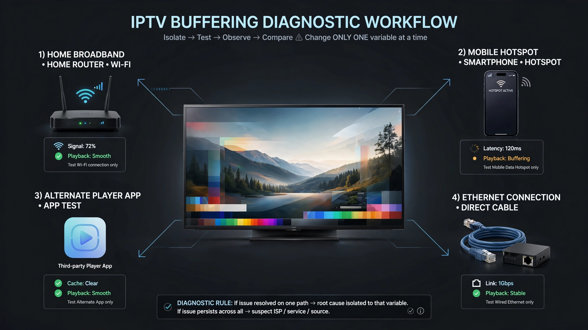 IPTV buffering diagnostic test using mobile hotspot and Ethernet
