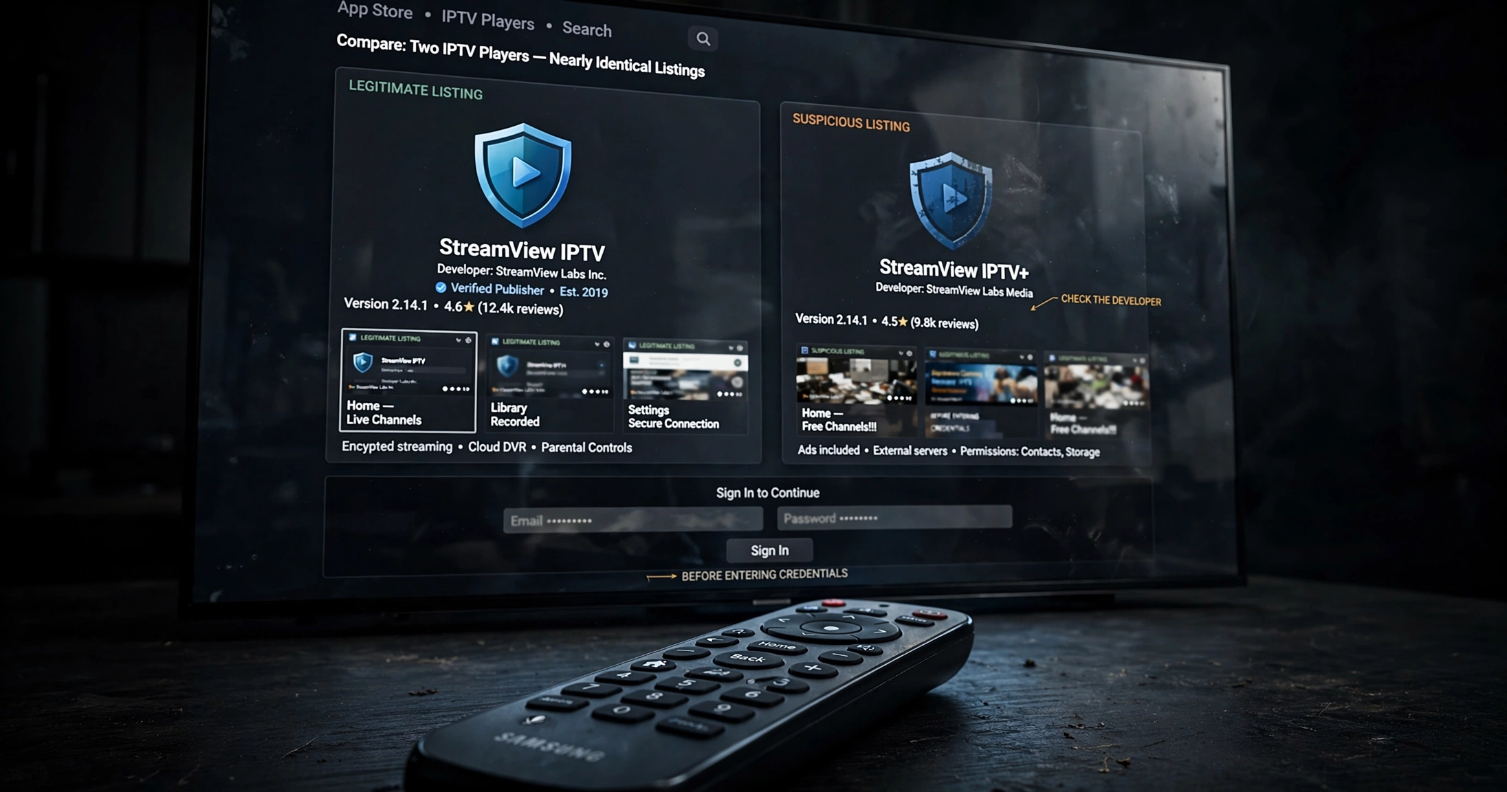 How to spot clone IPTV apps on Samsung TV before entering subscription credentials