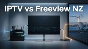 IPTV vs Freeview NZ comparison showing internet streaming, aerial and satellite television delivery