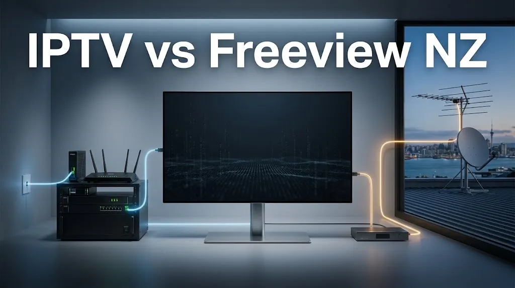IPTV vs Freeview NZ comparison showing internet streaming, aerial and satellite television delivery