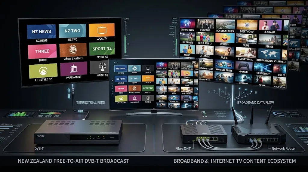Freeview NZ and internet IPTV showing different television content scopes