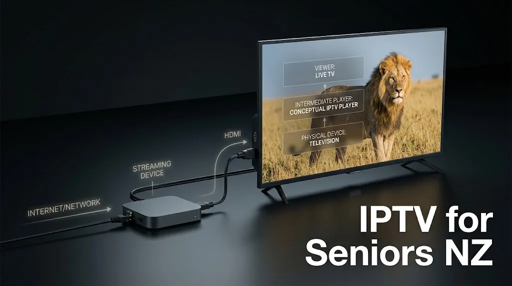 IPTV for seniors NZ setup showing the TV, streaming device, player app and remote control