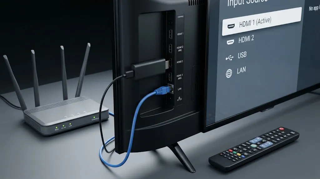 IPTV troubleshooting with HDMI streaming device and network router connections